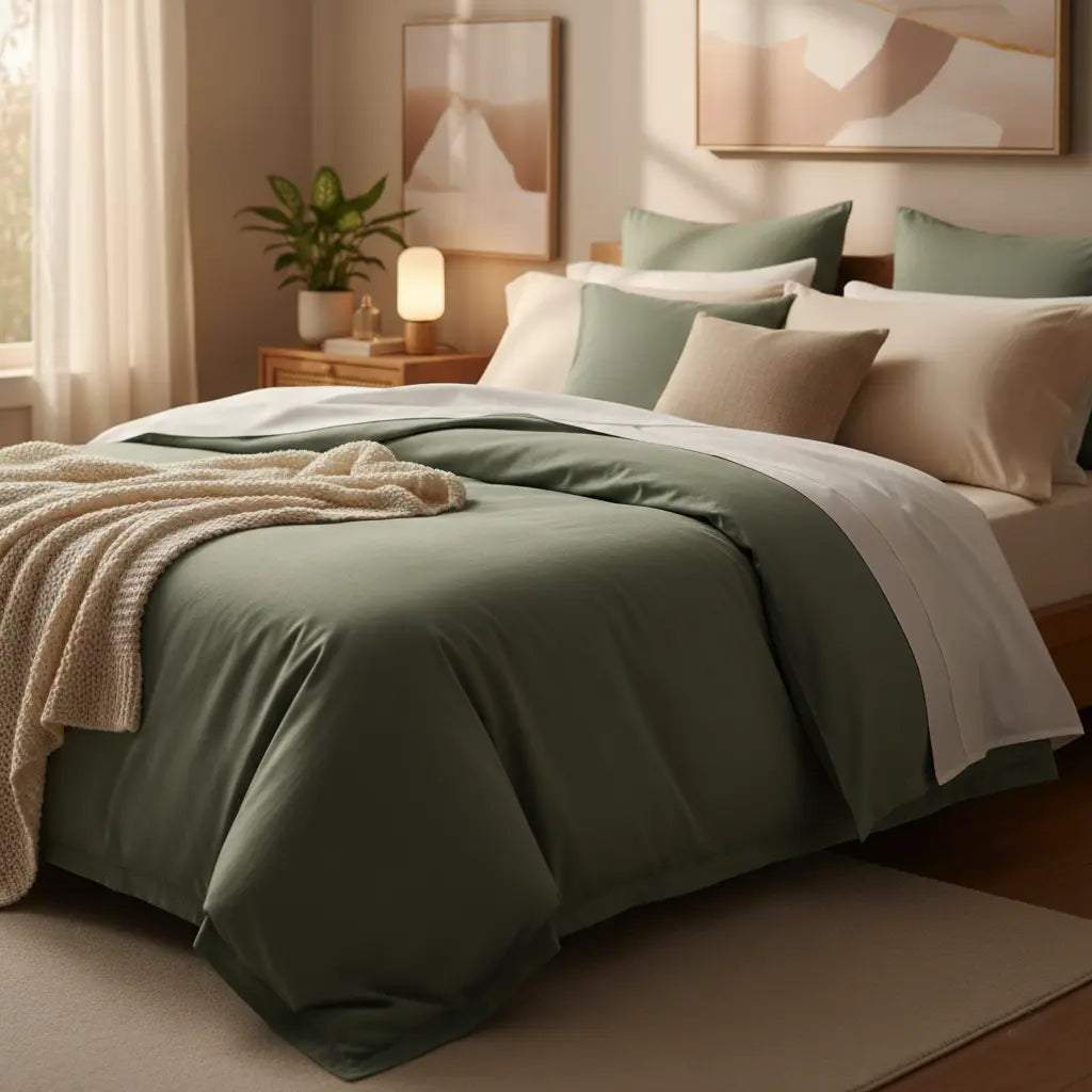 Cozy bedroom with sage green bedsheets, white pillows, beige throw, and warm ambient lighting