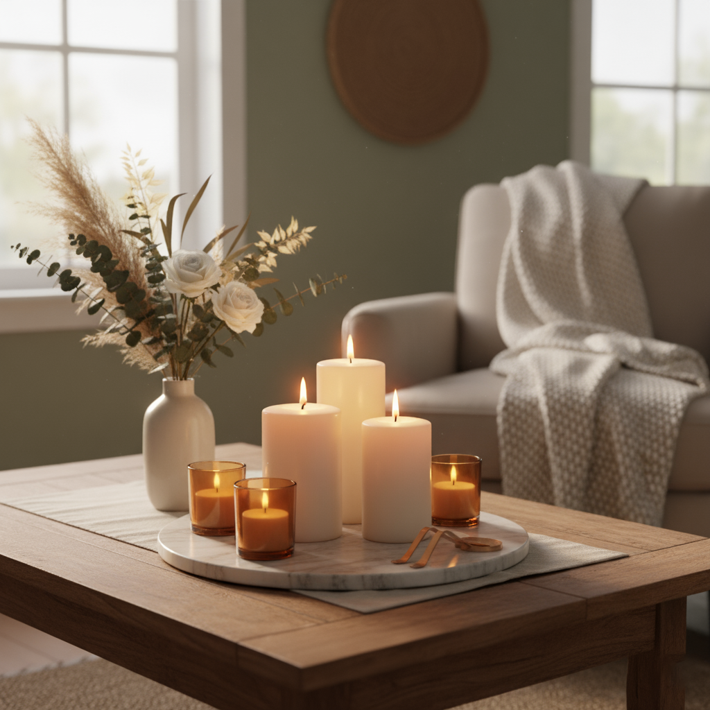 Cozy living room scene with lit white candles on wooden table and vase with dried flowers