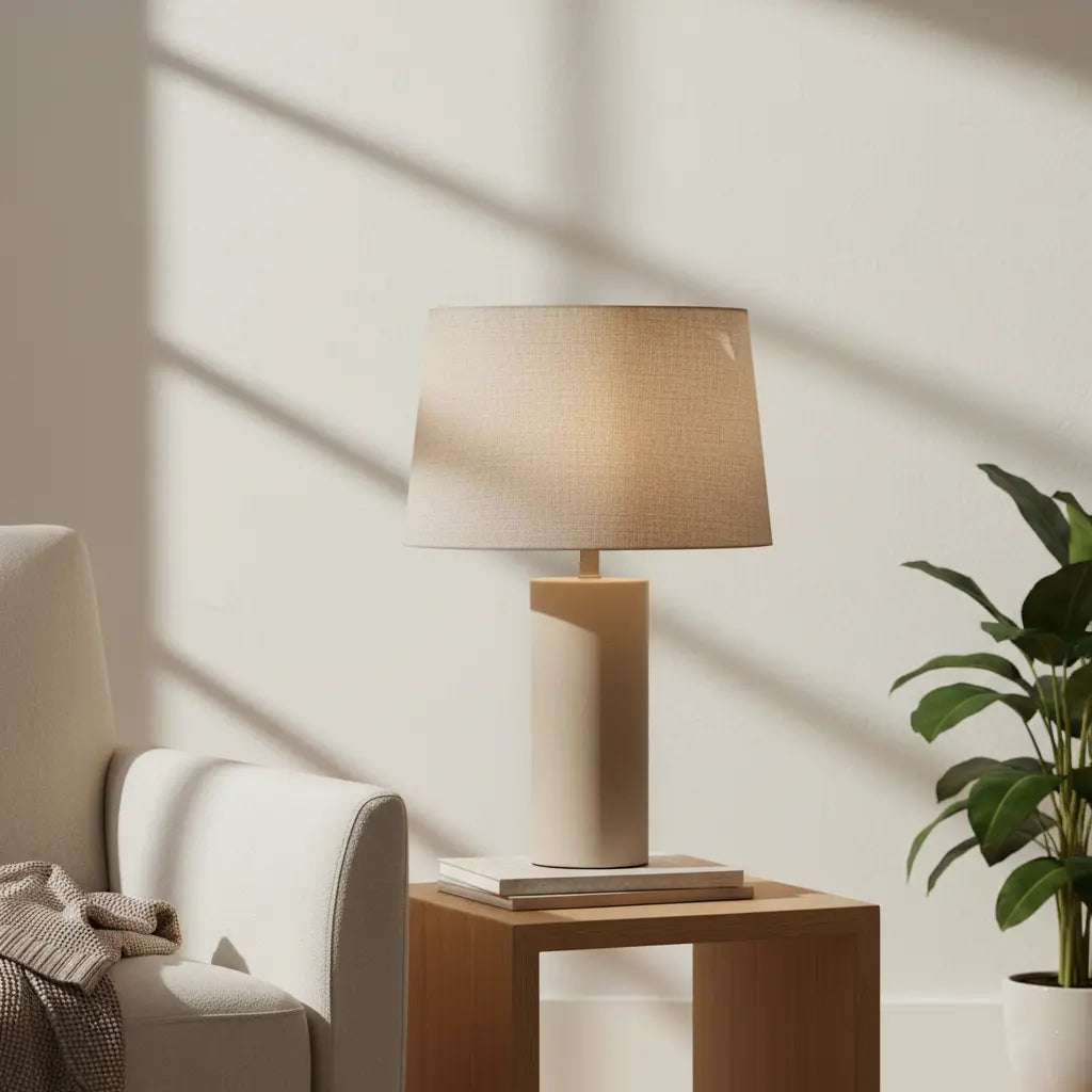Modern beige table lamp on wooden side table next to cream sofa with cozy blanket and green potted plant
