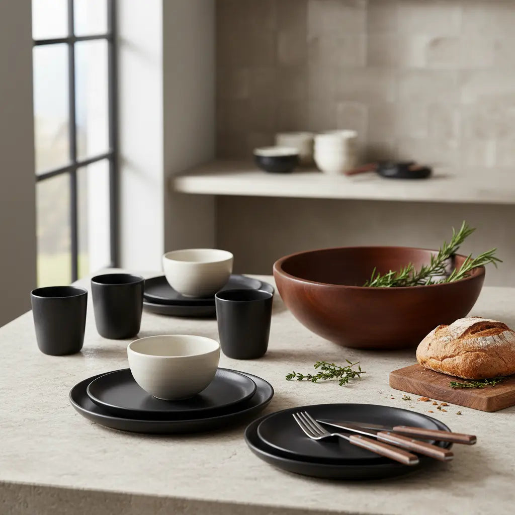 Modern serveware set with black plates, white bowls, black cups, wooden cutlery, brown bowl with herbs, and rustic bread on stone table in natural light