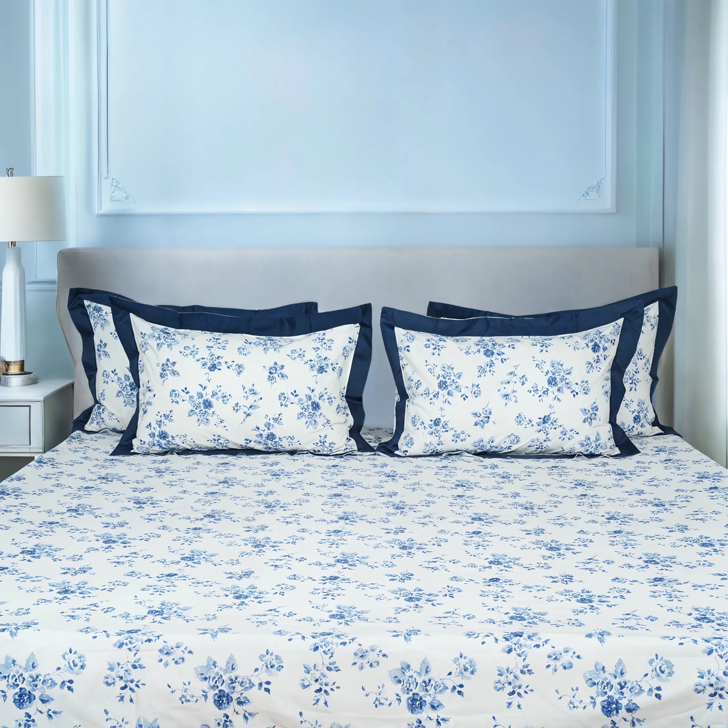 Laska Blue Amber (150 TC) - 100% Cotton King-Size Bedsheet + 2 Pillow Covers