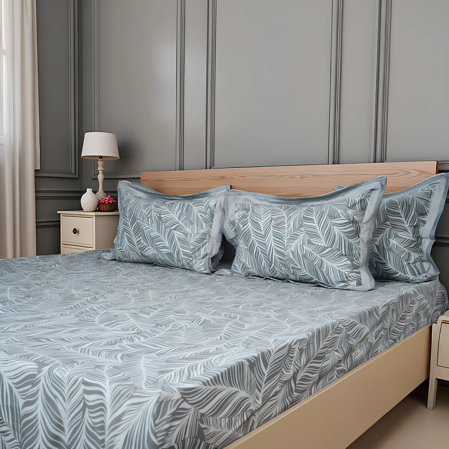 Lavish Palm Veil 100% Cotton King-Size Bedsheet + 2 Pillow Covers