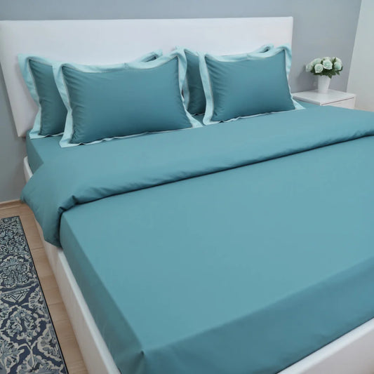 Moon Pistachio Sky (400TC) - 100% Cotton King-Size Bedsheet + 2 Pillow Covers