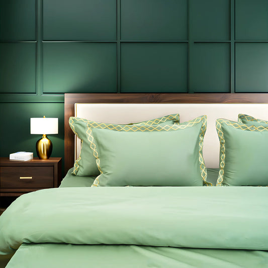 Pristine Green Gold (300 TC) - 100% Cotton King-Size Bedsheet + 2 Pillow Covers