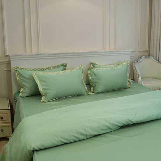 Pristine Green Gold (300 TC) - 100% Cotton King-Size Bedsheet + 2 Pillow Covers