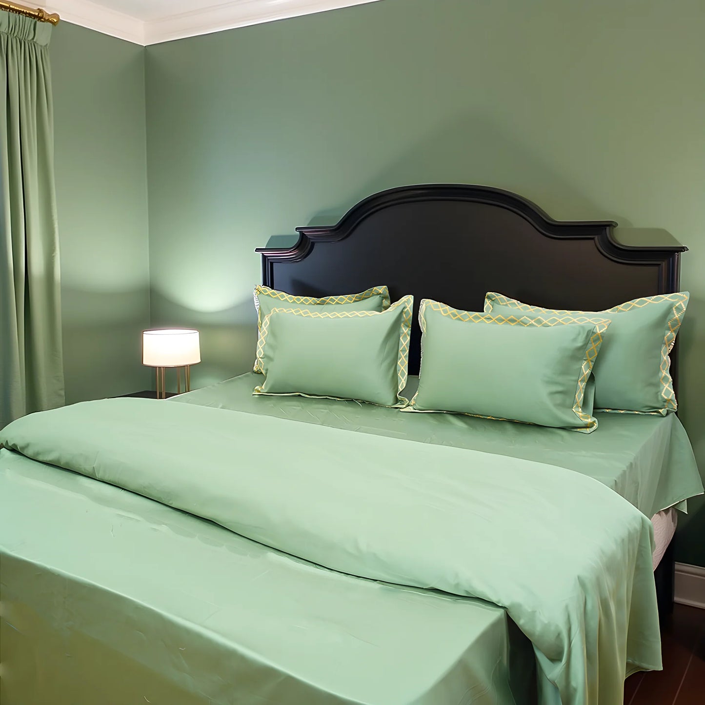 Pristine Green Gold (300 TC) - 100% Cotton King-Size Bedsheet + 2 Pillow Covers