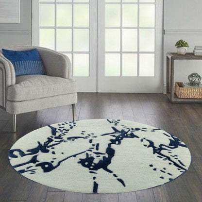 Round Contemporary Abstract Rug (White & Navy Blue) - BR