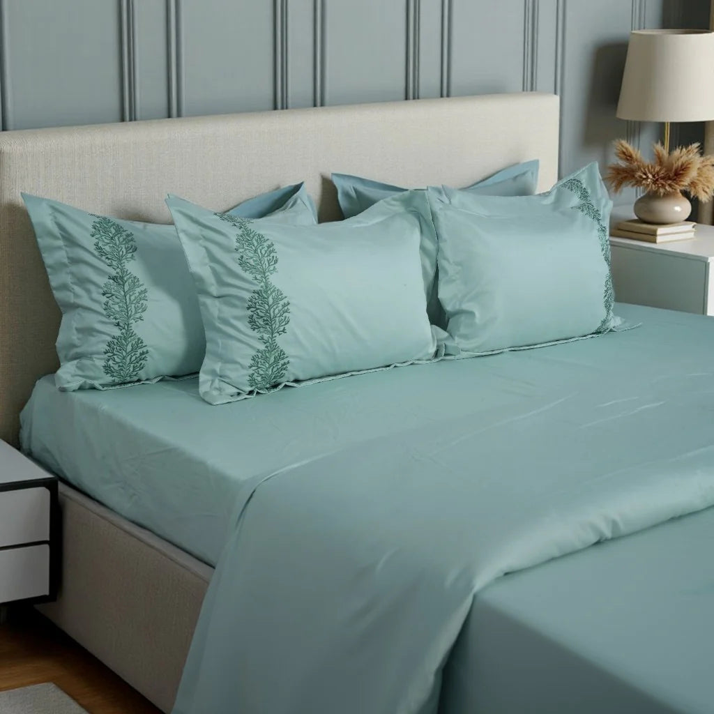 Unicorn Blue Reven (Mint) (400TC) - 100% Cotton King-Size Bedsheet + 2 Pillow Covers