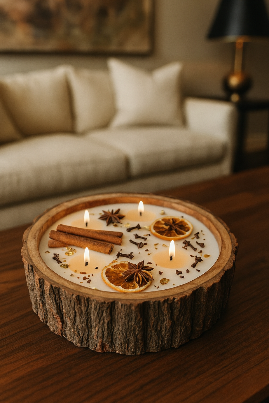 Spiced Orange Delight 13-Inch Wooden Bark Bowl Scented Soy Wax Candle (FO)