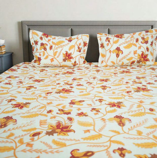 Flow Premium Yellow Floral Design (210TC) - 100% Cotton King-Size Bedsheet + 2 Pillow Covers Urban Nivasa