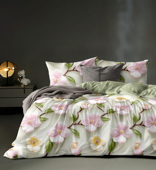 MAGIC 7D Pink & Yellow Blossoms Super King Size Bedsheet Set - 150 GSM Glace Cotton Bedsheet + 2 Pillow Covers Urban Nivasa