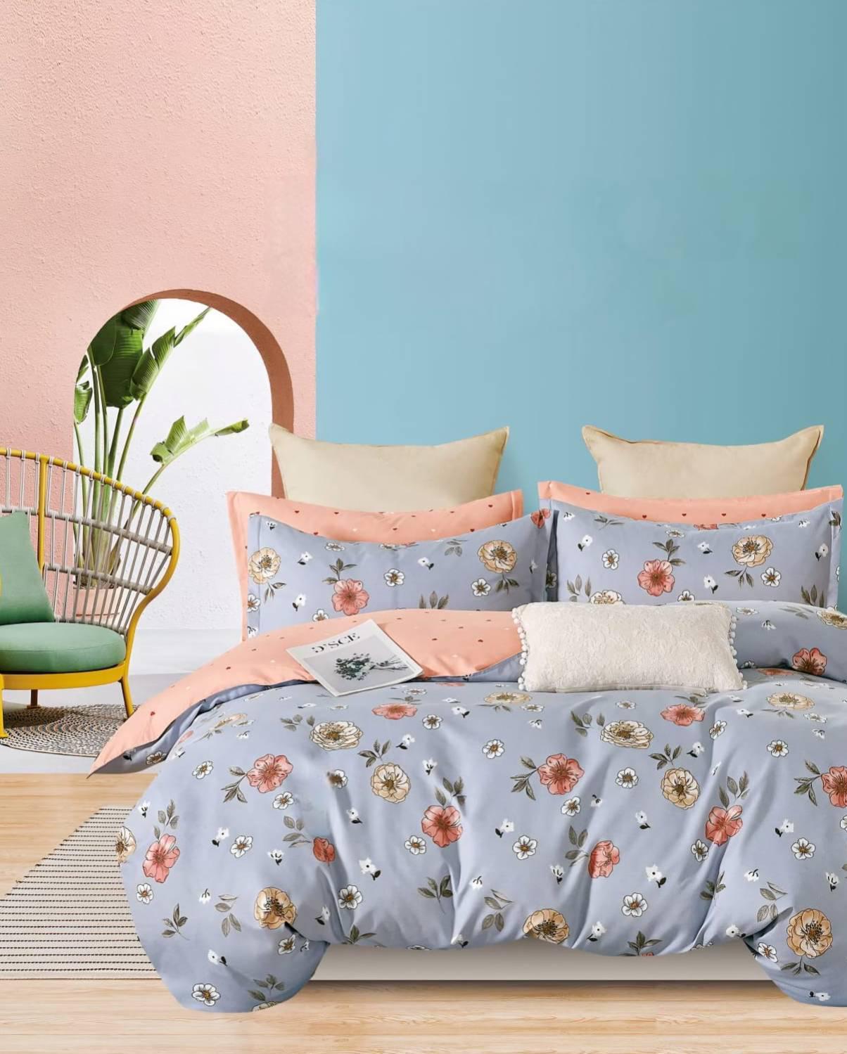 Hi-Life Blue & Peach Floral Design Super King Size Bedsheet Set - 150 GSM Glace Cotton Bedsheet + 2 Pillow Covers Urban Nivasa