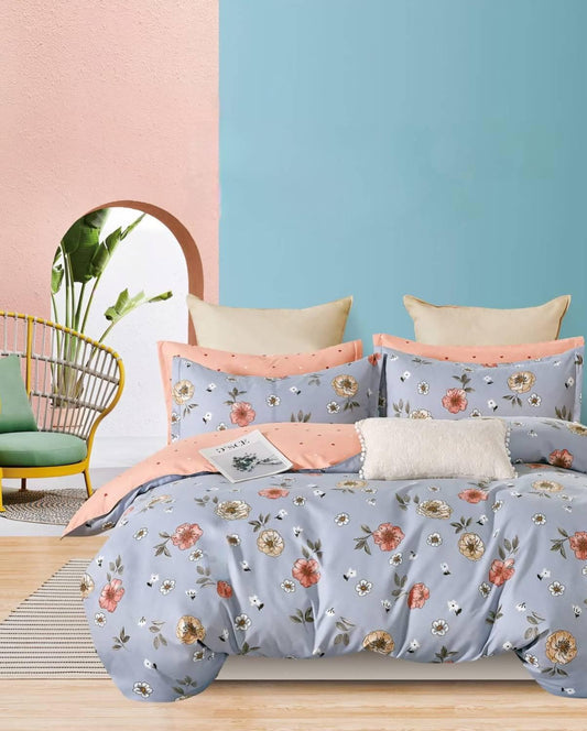 Hi-Life Blue & Peach Floral Design Super King Size Bedsheet Set - 150 GSM Glace Cotton Bedsheet + 2 Pillow Covers Urban Nivasa