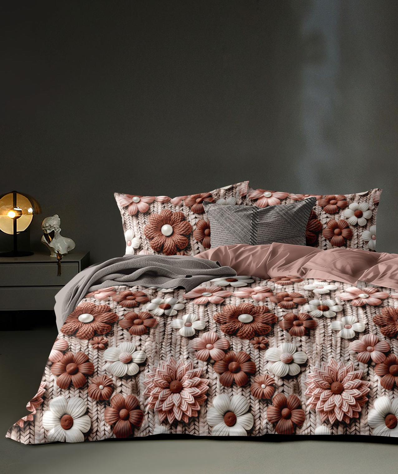 MAGIC 7D Brown Knit-Look Blooms Super King Size Bedsheet Set - 150 GSM Glace Cotton Bedsheet + 2 Pillow Covers Urban Nivasa