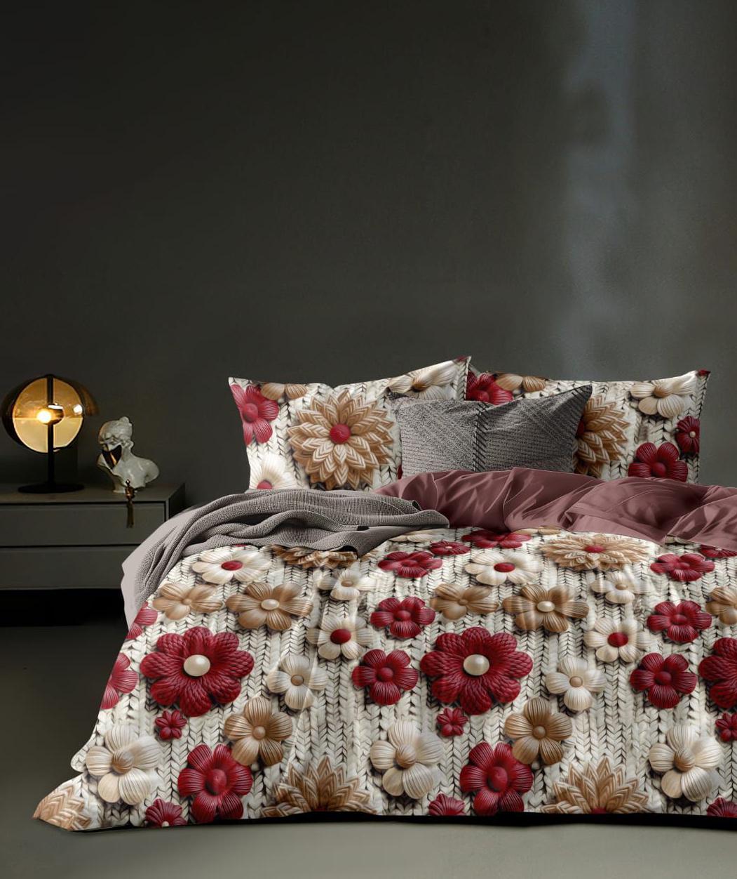 MAGIC 7D Red Knit-Look Blooms Super King Size Bedsheet Set - 150 GSM Glace Cotton Bedsheet + 2 Pillow Covers Urban Nivasa
