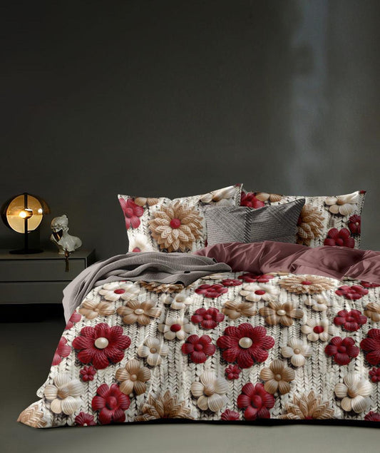 MAGIC 7D Red Knit-Look Blooms Super King Size Bedsheet Set - 150 GSM Glace Cotton Bedsheet + 2 Pillow Covers Urban Nivasa