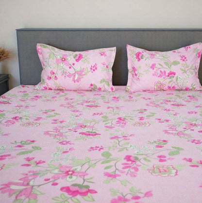 Flow Premium Pink Floral Design (210TC) - 100% Cotton King-Size Bedsheet + 2 Pillow Covers Urban Nivasa