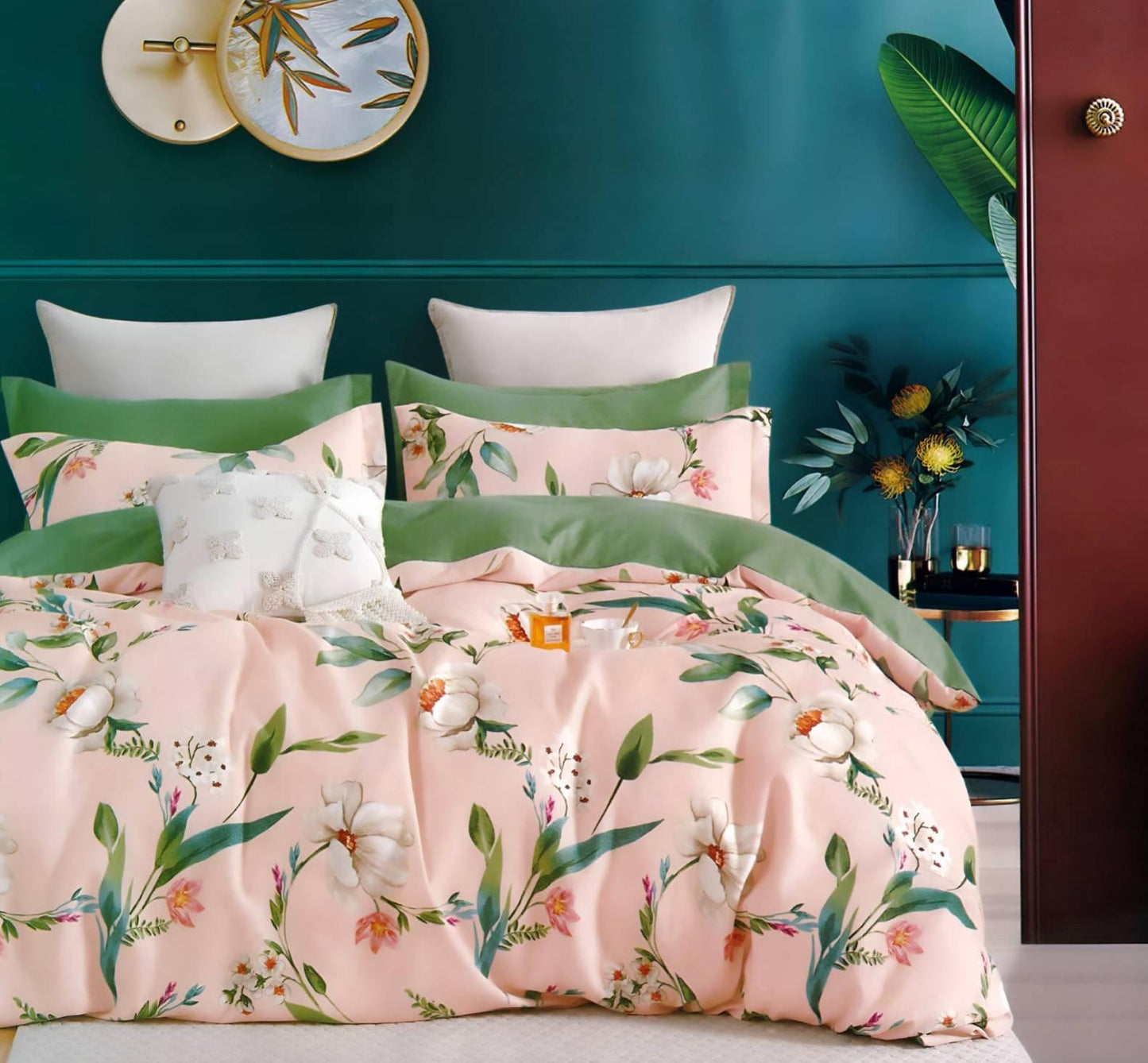 Hi-Life Pink & Green Floral Design Super King Size Bedsheet Set - 150 GSM Glace Cotton Bedsheet + 2 Pillow Covers Urban Nivasa