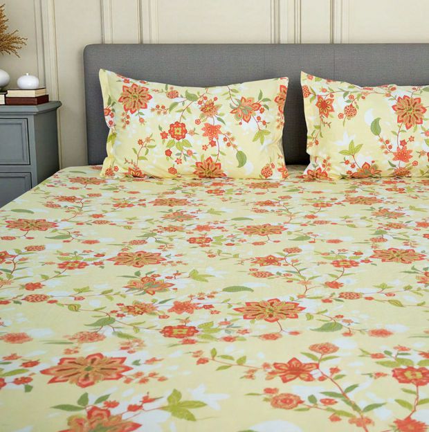 Flow Premium Lime Yellow Floral Design (210TC) - 100% Cotton King-Size Bedsheet + 2 Pillow Covers Urban Nivasa