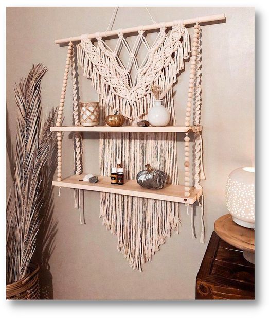 Deluxe Two-Tier Macrame & Wood Hanging Shelf (RH)