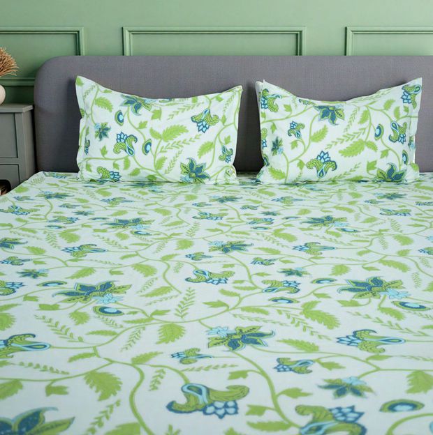 Flow Premium Green Floral Design (210TC) - 100% Cotton King-Size Bedsheet + 2 Pillow Covers Urban Nivasa