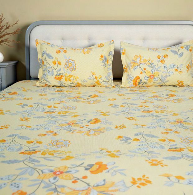 Flow Premium Light Yellow Design (210TC) - 100% Cotton King-Size Bedsheet + 2 Pillow Covers Urban Nivasa