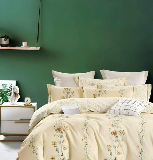 Hi-Life Yellow Floral Print Design Super King Size Bedsheet Set - 150 GSM Glace Cotton Bedsheet + 2 Pillow Covers Urban Nivasa