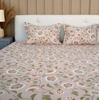Flow Premium Orange Floral Design (210TC) - 100% Cotton King-Size Bedsheet + 2 Pillow Covers Urban Nivasa