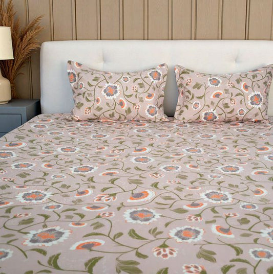 Flow Premium Orange Floral Design (210TC) - 100% Cotton King-Size Bedsheet + 2 Pillow Covers Urban Nivasa