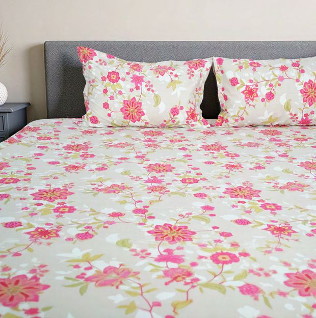 Flow Premium Dark Pink Floral Design (210TC) - 100% Cotton King-Size Bedsheet + 2 Pillow Covers Urban Nivasa