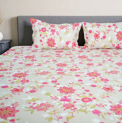 Flow Premium Dark Pink Floral Design (210TC) - 100% Cotton King-Size Bedsheet + 2 Pillow Covers Urban Nivasa