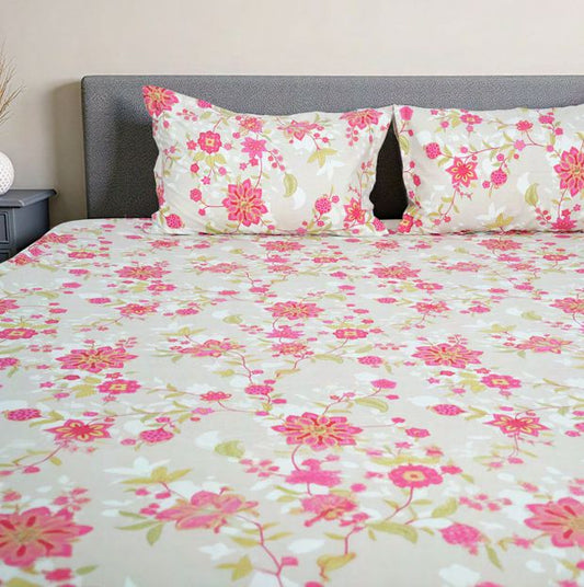 Flow Premium Dark Pink Floral Design (210TC) - 100% Cotton King-Size Bedsheet + 2 Pillow Covers Urban Nivasa