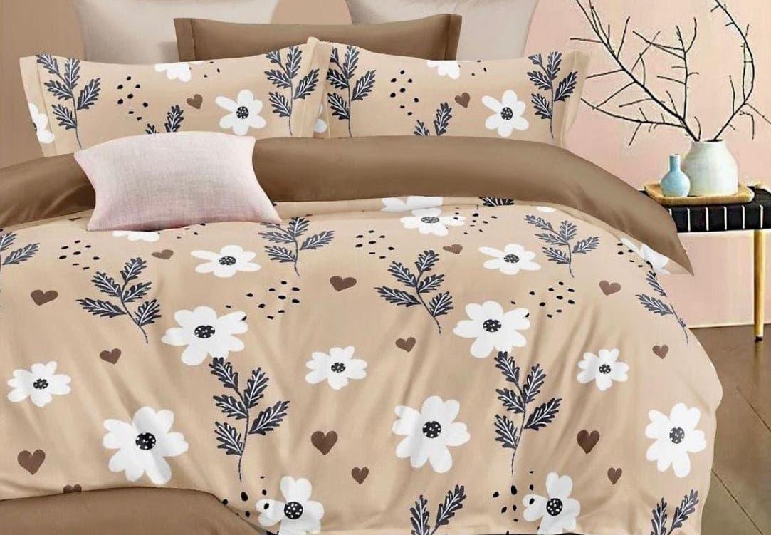 Feel White & Beige Floral Design Size Bedsheet Set - 120 GSM Glace Cotton Bedsheet + 2 Pillow Covers Urban Nivasa