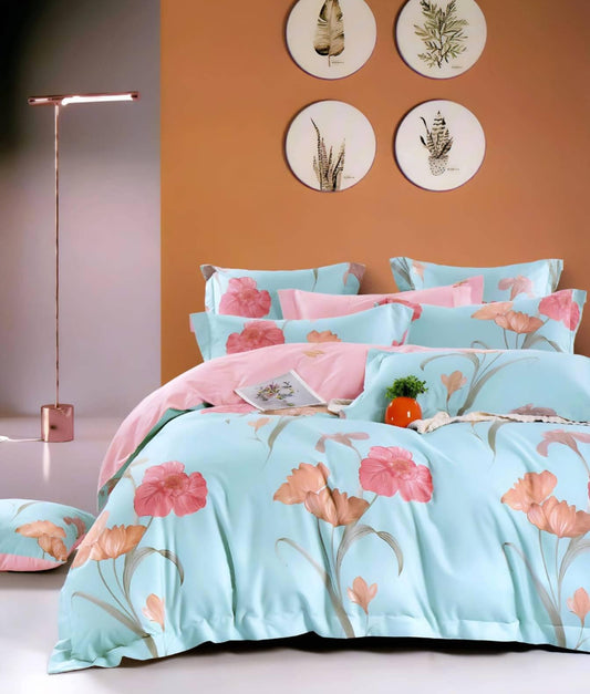 Hi-Life Aqua Floral Super King Size Bedsheet Set - 150 GSM Glace Cotton Bedsheet + 2 Pillow Covers Urban Nivasa