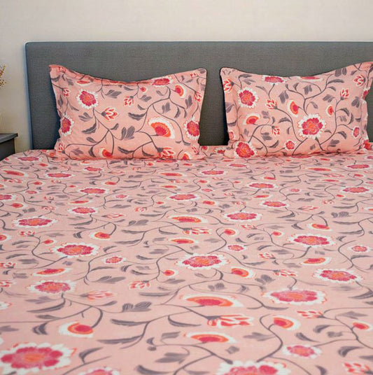Flow Premium Floral Design (210TC) - 100% Cotton King-Size Bedsheet + 2 Pillow Covers Urban Nivasa