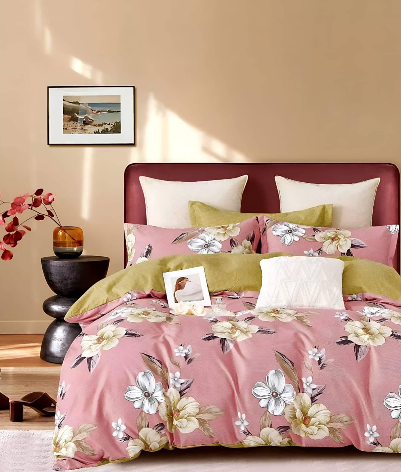 Hi-Life Pink Field Floral Super King Size Bedsheet Set - 150 GSM Glace Cotton Bedsheet + 2 Pillow Covers Urban Nivasa