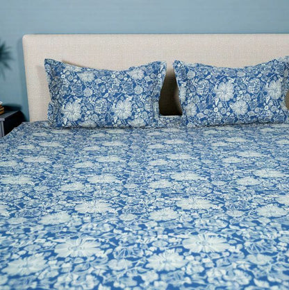 Flow Premium Blue Floral Design (210TC) - 100% Cotton King-Size Bedsheet + 2 Pillow Covers Urban Nivasa
